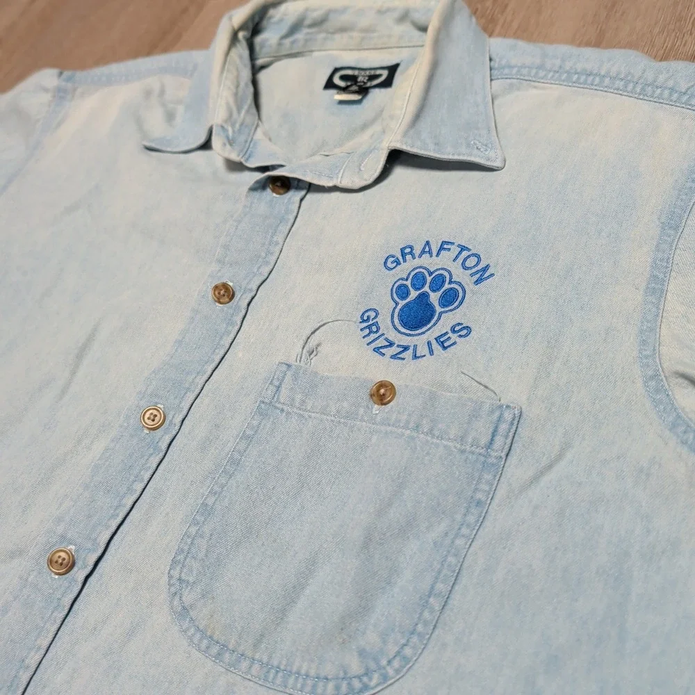 Vintage Three Rivers Grafton Grizzlies Denim Shirt Light Wash Mens L Oversized - Picture 3 of 7